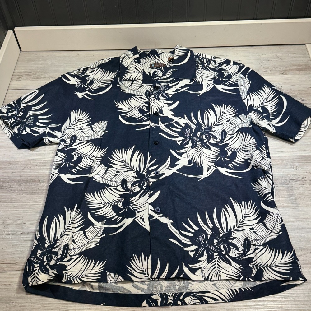 Mens Centro Blue & White Floral Hawaiian Shirt‎ Linen Blend Button Up Size L